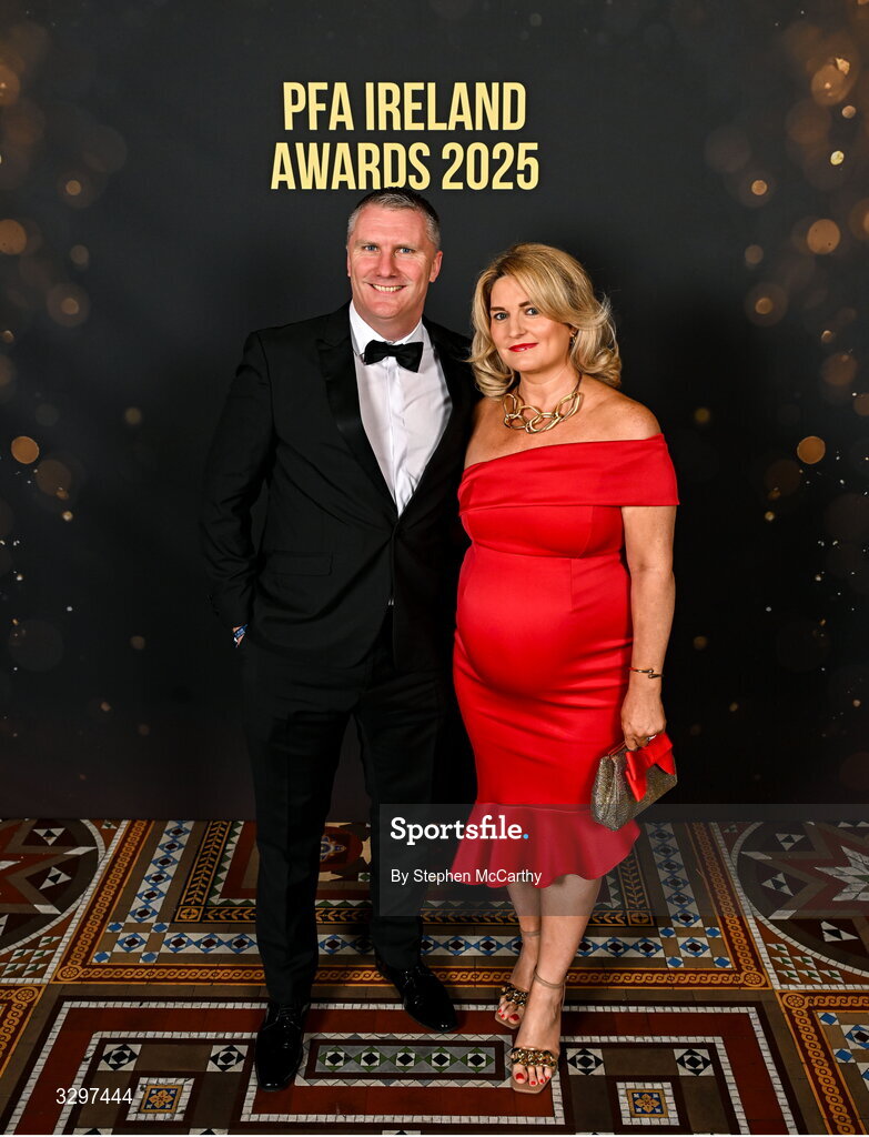 22 November 2025; Referee Mark Houlihan and partner Karen during the PFA Ireland Awards 2025 at The College Green Hotel in Dublin. Photo by Stephen McCarthy/Sportsfile