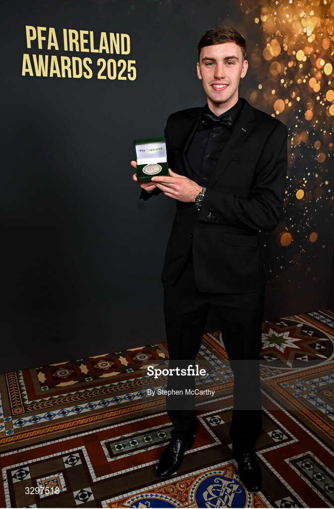 22 November 2025; Matt Healy of Shamrock Rovers with his PFA Ireland Men’s Premier Division Team of the Year 2025 medal during the PFA Ireland Awards 2025 at The College Green Hotel in Dublin. Photo by Stephen McCarthy/Sportsfile