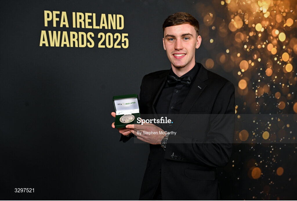 22 November 2025; Matt Healy of Shamrock Rovers with his PFA Ireland Men’s Premier Division Team of the Year 2025 medal during the PFA Ireland Awards 2025 at The College Green Hotel in Dublin. Photo by Stephen McCarthy/Sportsfile
