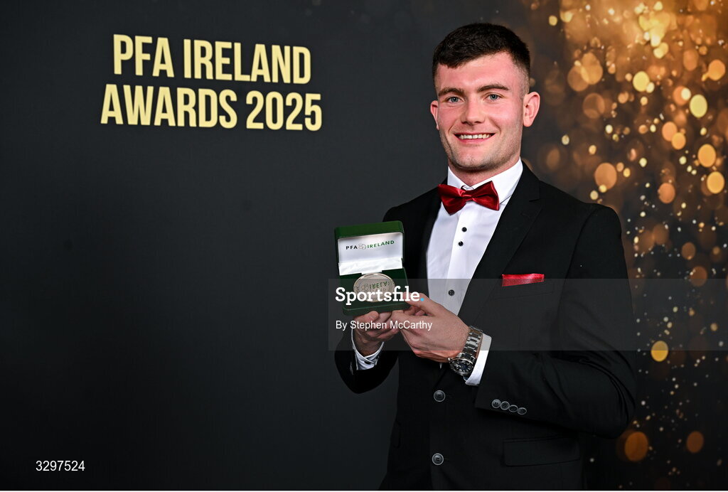 22 November 2025; Josh Honohan of Shamrock Rovers with his PFA Ireland Men’s Premier Division Team of the Year 2025 medal during the PFA Ireland Awards 2025 at The College Green Hotel in Dublin. Photo by Stephen McCarthy/Sportsfile