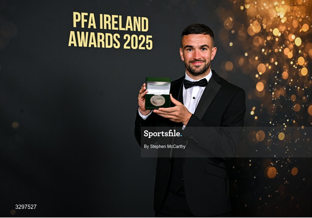 22 November 2025; Michael Duffy of Derry City with his PFA Ireland Men’s Premier Division Team of the Year 2025 medal during the PFA Ireland Awards 2025 at The College Green Hotel in Dublin. Photo by Stephen McCarthy/Sportsfile