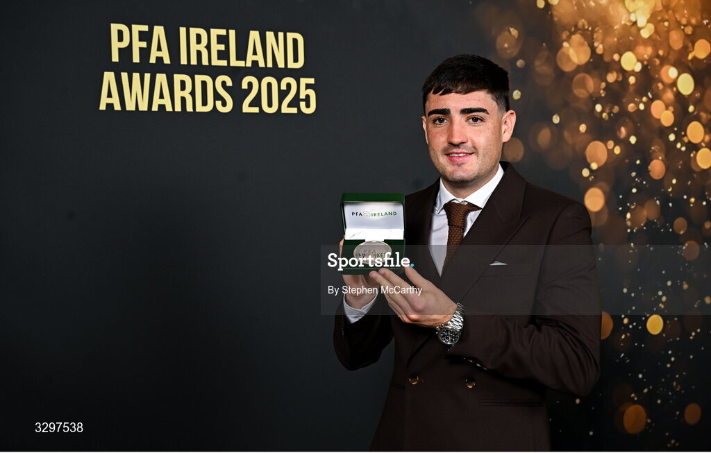 22 November 2025; Dawson Devoy of Bohemians with his PFA Ireland Men’s Premier Division Team of the Year 2025 medal during the PFA Ireland Awards 2025 at The College Green Hotel in Dublin. Photo by Stephen McCarthy/Sportsfile