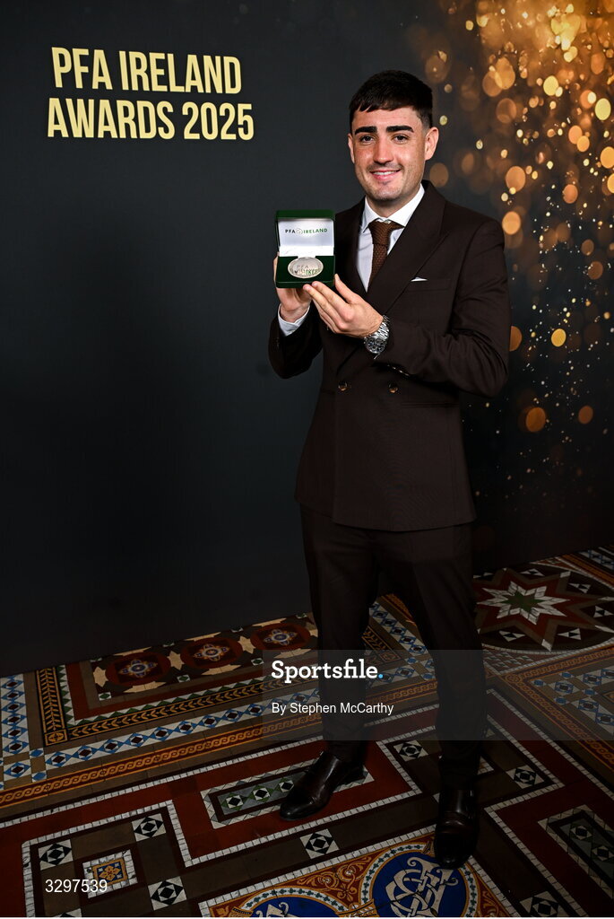 22 November 2025; Dawson Devoy of Bohemians with his PFA Ireland Men’s Premier Division Team of the Year 2025 medal during the PFA Ireland Awards 2025 at The College Green Hotel in Dublin. Photo by Stephen McCarthy/Sportsfile