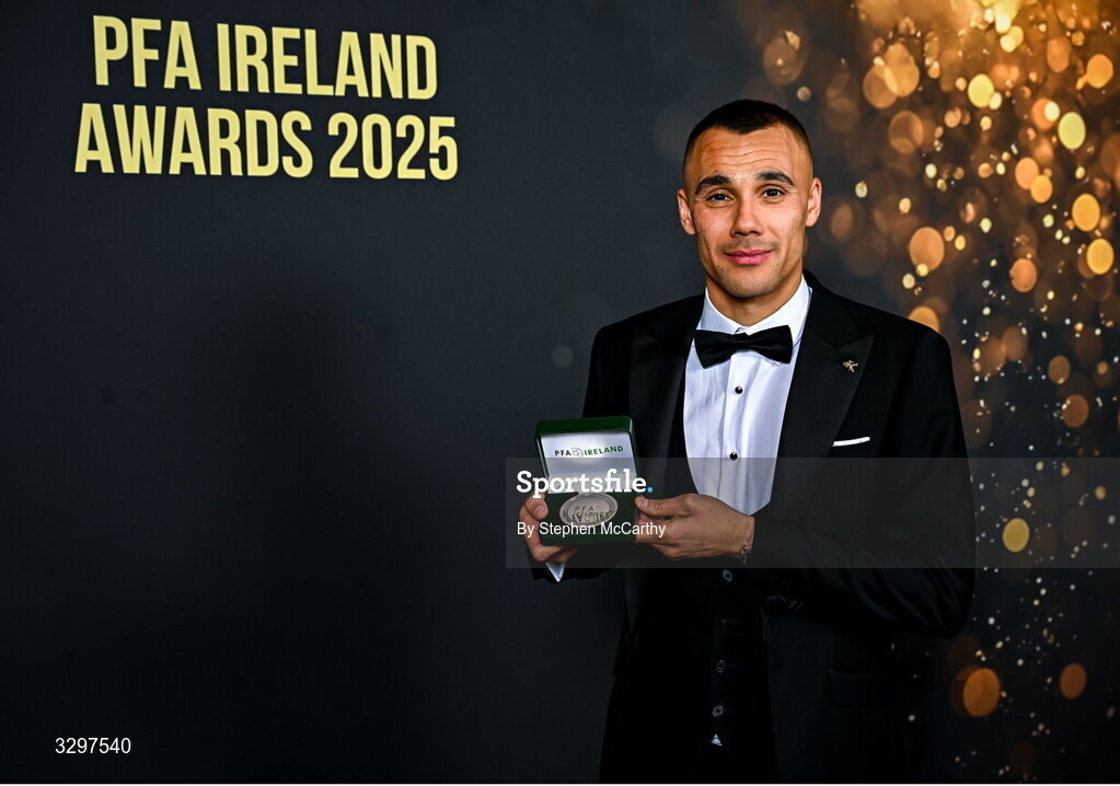 22 November 2025; Graham Burke of Shamrock Rovers with his PFA Ireland Men’s Premier Division Team of the Year 2025 medal during the PFA Ireland Awards 2025 at The College Green Hotel in Dublin. Photo by Stephen McCarthy/Sportsfile