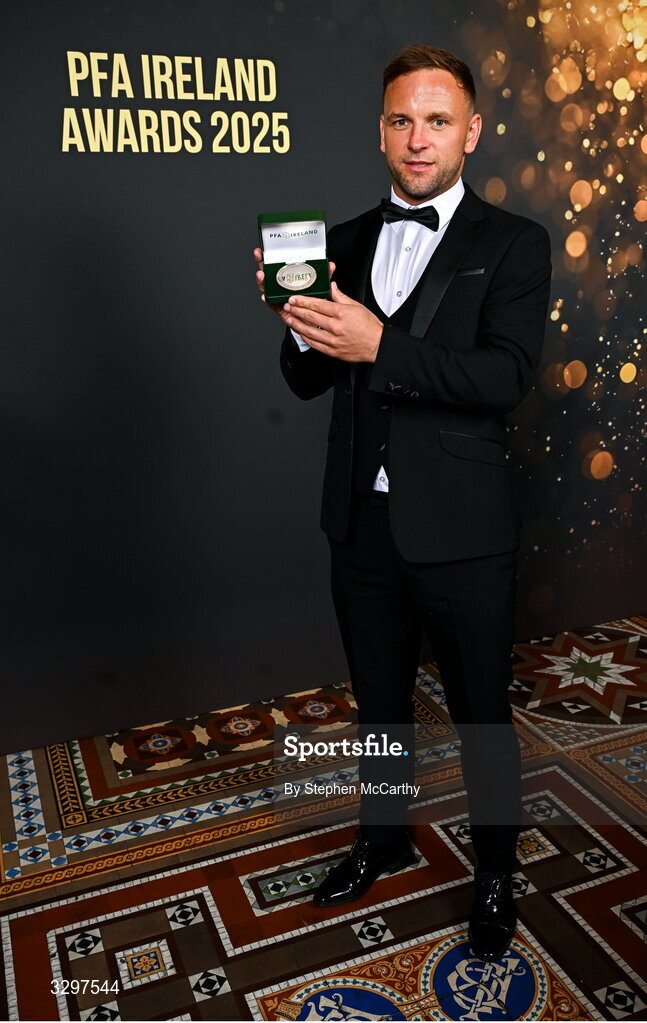 22 November 2025; Paddy Barrett of Shelbourne with his PFA Ireland Men’s Premier Division Team of the Year 2025 medal during the PFA Ireland Awards 2025 at The College Green Hotel in Dublin. Photo by Stephen McCarthy/Sportsfile