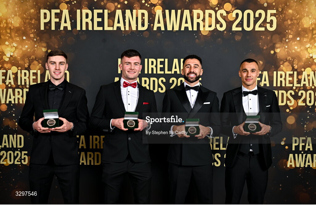 22 November 2025; Shamrock Rovers players, from left, Matt Healy, Josh Honohan, Roberto Lopes and Graham Burke with their PFA Ireland Men’s Premier Division Team of the Year 2025 medals during the PFA Ireland Awards 2025 at The College Green Hotel in Dublin. Photo by Stephen McCarthy/Sportsfile