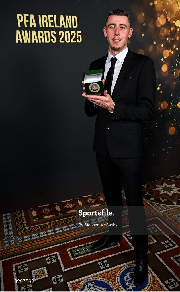 22 November 2025; Luke Dennison of Drogheda United with his PFA Ireland Men’s Premier Division Team of the Year 2025 medal during the PFA Ireland Awards 2025 at The College Green Hotel in Dublin. Photo by Stephen McCarthy/Sportsfile
