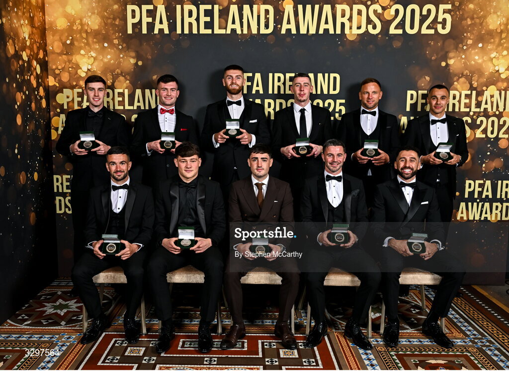 22 November 2025; PFA Ireland Men’s Premier Division Team of the Year 2025 medal recipients, back row, from left, Matt Healy of Shamrock Rovers, Josh Honohan of Shamrock Rovers, Conor Keeley of Drogheda United, Luke Dennison of Drogheda United, Paddy Barrett of Shelbourne, and Graham Burke of Shamrock Rovers, front row, from left, Michael Duffy of Derry City, Owen Elding of Sligo Rovers, Dawson Devoy of Bohemians, Padraig Amond of Waterford, and Roberto Lopes of Shamrock Rovers, during the PFA Ireland Awards 2025 at The College Green Hotel in Dublin. Photo by Stephen McCarthy/Sportsfile