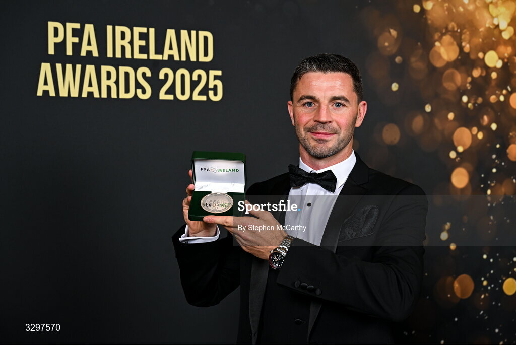 22 November 2025; Padraig Amond of Waterford with his PFA Ireland Men’s Premier Division Team of the Year 2025 medal during the PFA Ireland Awards 2025 at The College Green Hotel in Dublin. Photo by Stephen McCarthy/Sportsfile