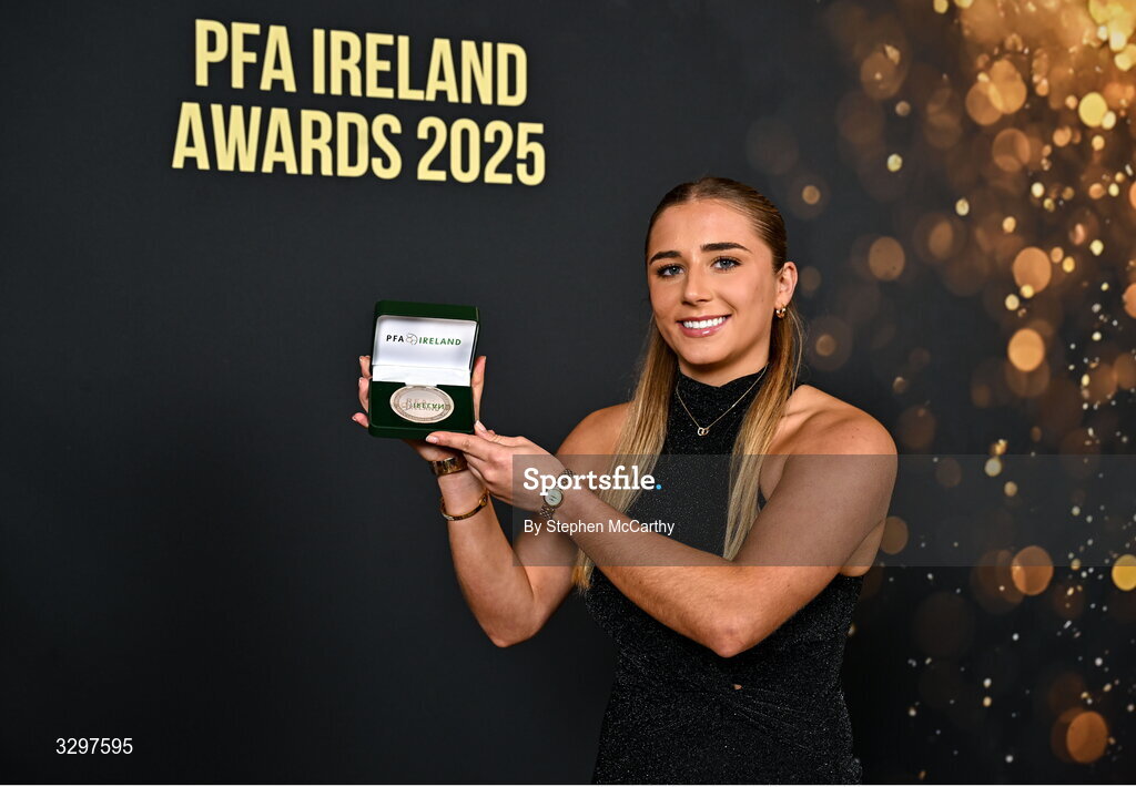 22 November 2025; Ellen Molloy of Wexford with her PFA Ireland Women’s Premier Division Team of the Year 2025 medal during the PFA Ireland Awards 2025 at The College Green Hotel in Dublin. Photo by Stephen McCarthy/Sportsfile
