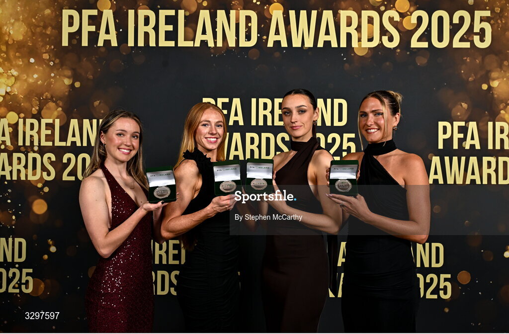 22 November 2025; Athlone Town players, from left, Hannah Waesch, Kelly Brady, Kayleigh Shine, and Maddison Gibson with their PFA Ireland Women’s Premier Division Team of the Year 2025 medals during the PFA Ireland Awards 2025 at The College Green Hotel in Dublin. Photo by Stephen McCarthy/Sportsfile