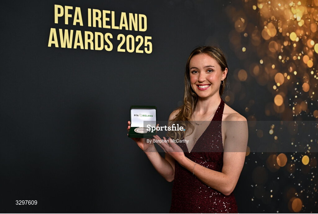 22 November 2025; Hannah Waesch of Athlone Town with her PFA Ireland Women’s Premier Division Team of the Year 2025 medal during the PFA Ireland Awards 2025 at The College Green Hotel in Dublin. Photo by Stephen McCarthy/Sportsfile