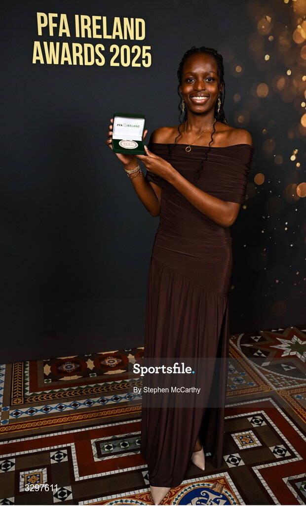 22 November 2025; Mary Phillips of Peamount United with her PFA Ireland Women’s Premier Division Team of the Year 2025 medal during the PFA Ireland Awards 2025 at The College Green Hotel in Dublin. Photo by Stephen McCarthy/Sportsfile