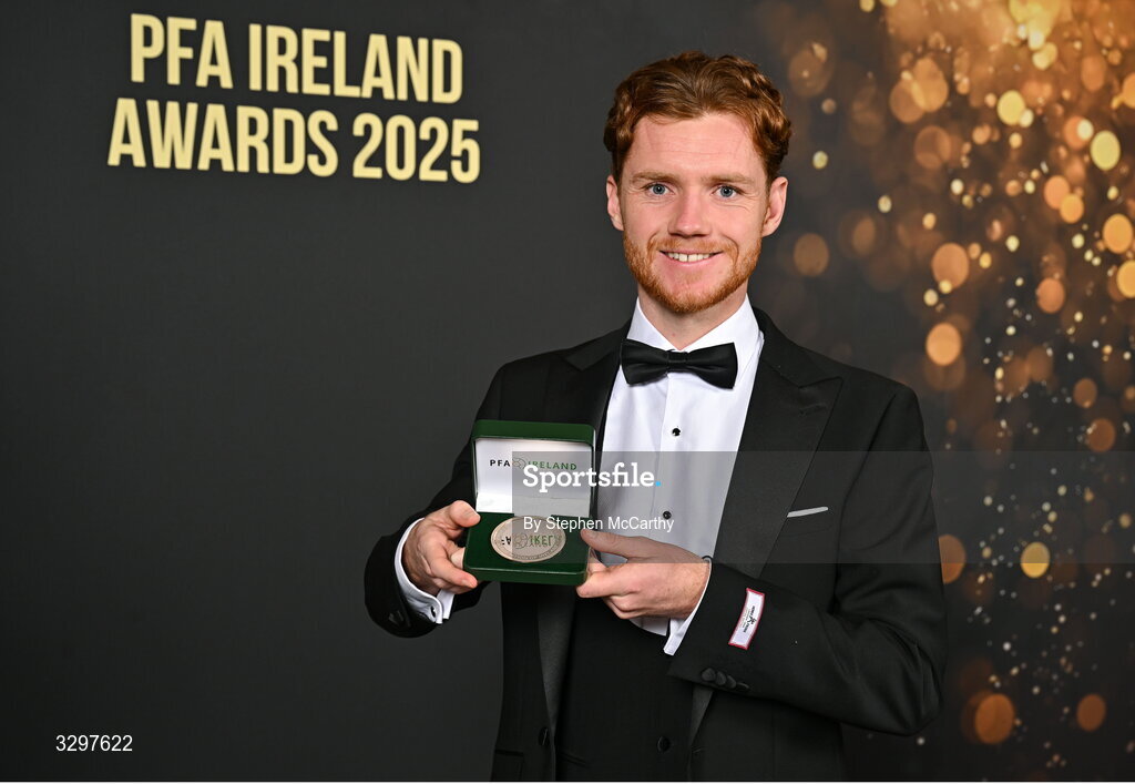 22 November 2025; Mikie Rowe of Wexford with his PFA Ireland Men's First Division Team of the Year 2025 medal during the PFA Ireland Awards 2025 at The College Green Hotel in Dublin. Photo by Stephen McCarthy/Sportsfile