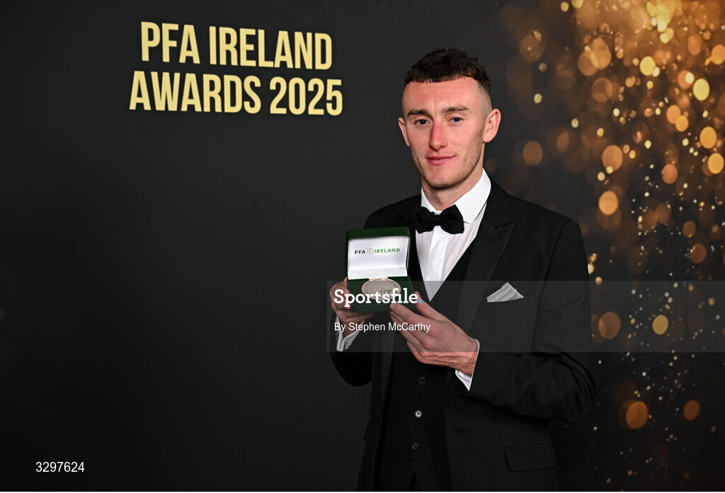 22 November 2025; Lee Devitt of Treaty United with his PFA Ireland Men's First Division Team of the Year 2025 medal during the PFA Ireland Awards 2025 at The College Green Hotel in Dublin. Photo by Stephen McCarthy/Sportsfile