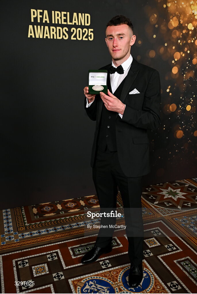 22 November 2025; Lee Devitt of Treaty United with his PFA Ireland Men's First Division Team of the Year 2025 medal during the PFA Ireland Awards 2025 at The College Green Hotel in Dublin. Photo by Stephen McCarthy/Sportsfile