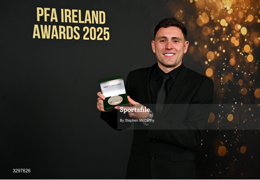 22 November 2025; Max Murphy of Bray Wanderers with his PFA Ireland Men's First Division Team of the Year 2025 medal during the PFA Ireland Awards 2025 at The College Green Hotel in Dublin. Photo by Stephen McCarthy/Sportsfile