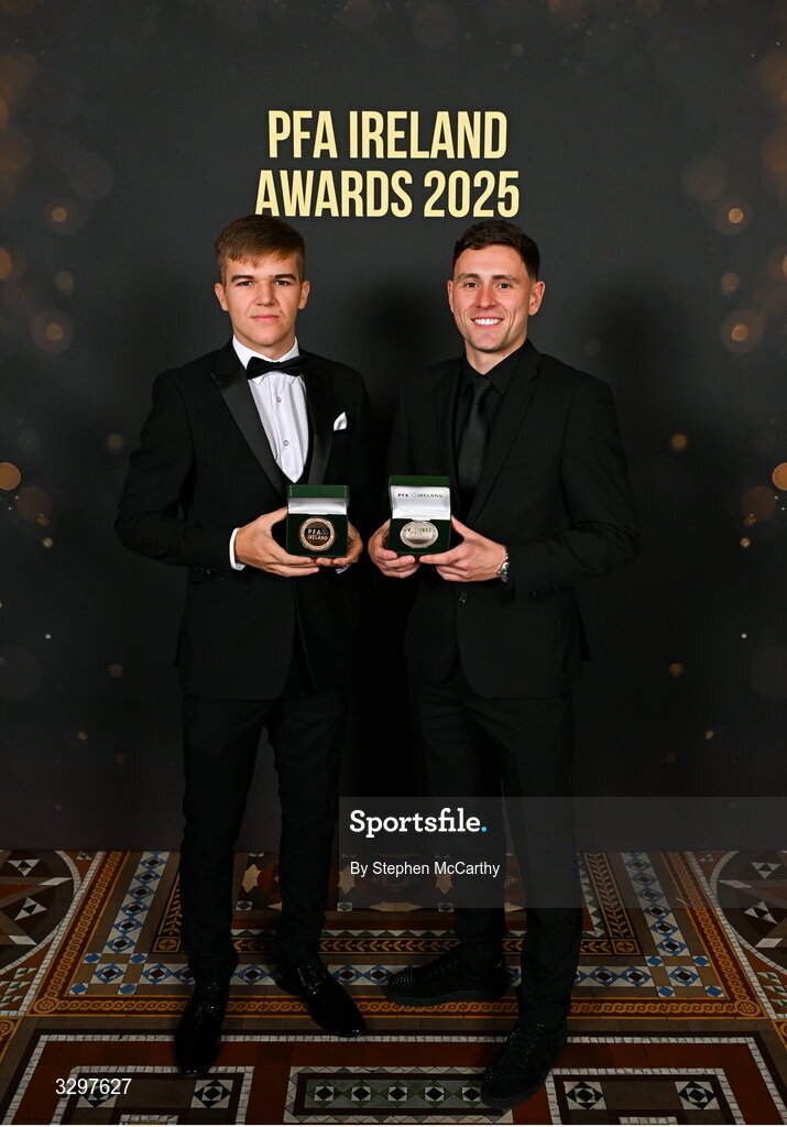 22 November 2025; Bray Wanderers players Billy O'Neill, left, and Max Murphy with their PFA Ireland Men's First Division Team of the Year 2025 medals during the PFA Ireland Awards 2025 at The College Green Hotel in Dublin. Photo by Stephen McCarthy/Sportsfile