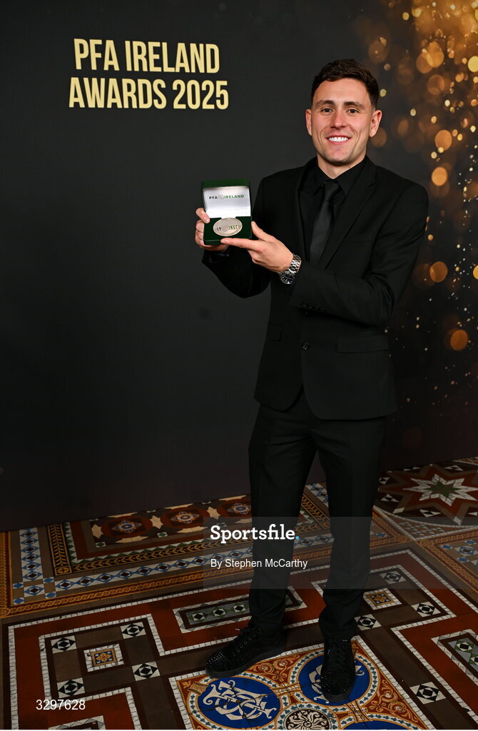 22 November 2025; Max Murphy of Bray Wanderers with his PFA Ireland Men's First Division Team of the Year 2025 medal during the PFA Ireland Awards 2025 at The College Green Hotel in Dublin. Photo by Stephen McCarthy/Sportsfile