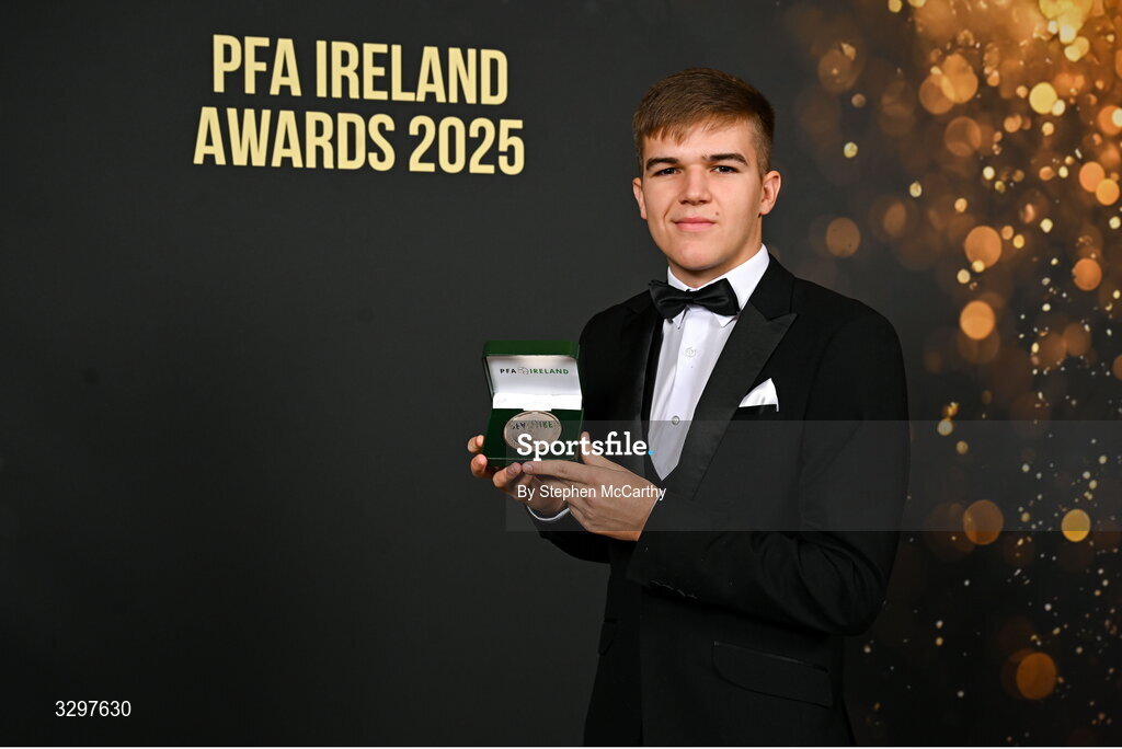 22 November 2025; Billy O'Neill of Bray Wanderers with his PFA Ireland Men's First Division Team of the Year 2025 medal during the PFA Ireland Awards 2025 at The College Green Hotel in Dublin. Photo by Stephen McCarthy/Sportsfile