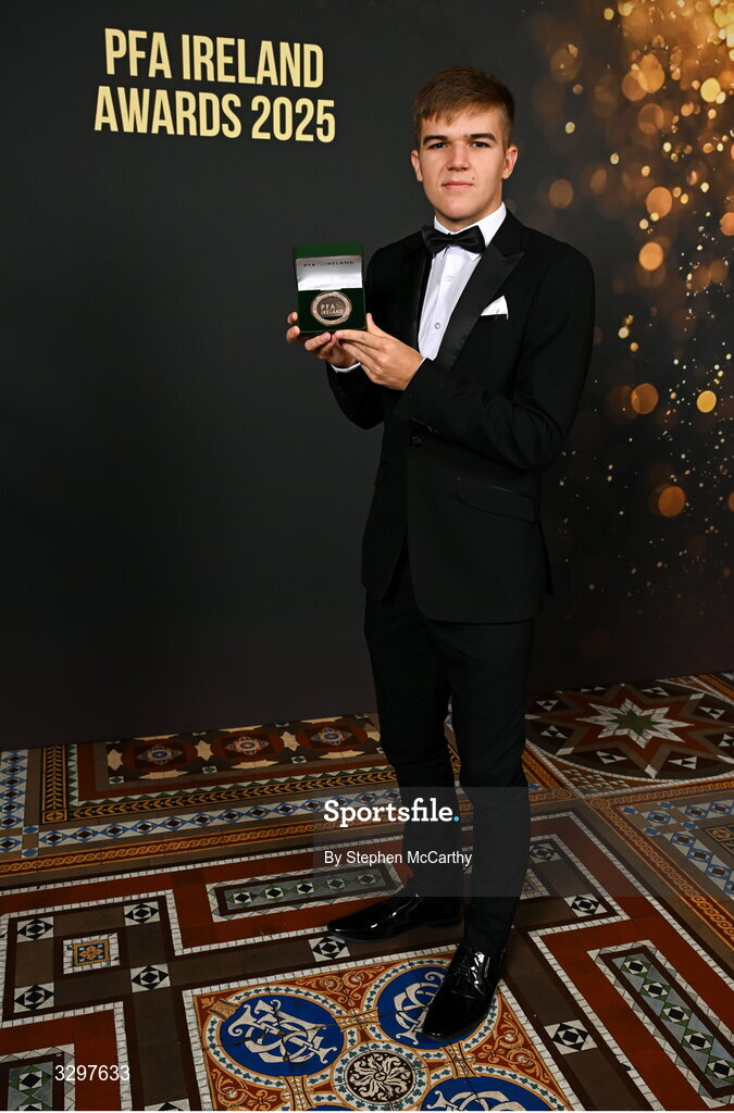 22 November 2025; Billy O'Neill of Bray Wanderers with his PFA Ireland Men's First Division Team of the Year 2025 medal during the PFA Ireland Awards 2025 at The College Green Hotel in Dublin. Photo by Stephen McCarthy/Sportsfile