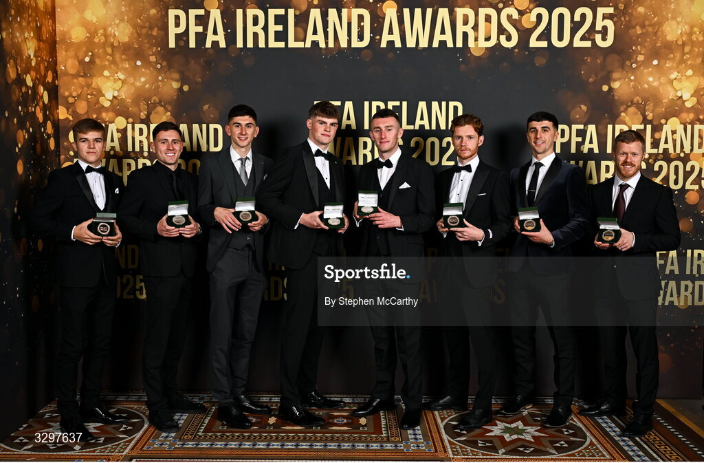 22 November 2025; PFA Ireland Men's First Division Team of the Year 2025 medal recipients, from left, Billy O'Neill of Bray Wanderers, Max Murphy of Bray Wanderers, Harry Groome of Dundalk, Vinny Leonard of Dundalk, Lee Devitt of Treaty United, Mikie Rowe of Wexford, Barry Coffey of Cobh Ramblers and Daryl Horgan of Dundalk, during the PFA Ireland Awards 2025 at The College Green Hotel in Dublin. Photo by Stephen McCarthy/Sportsfile