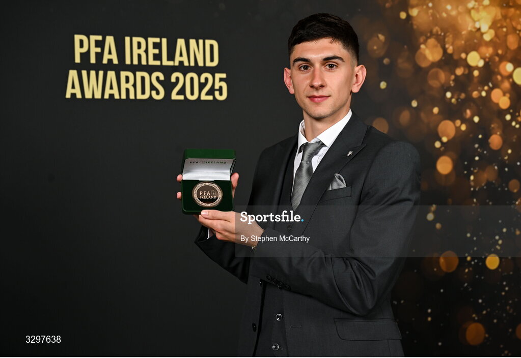 22 November 2025; Harry Groome of Dundalk with his PFA Ireland Men's First Division Team of the Year 2025 medal during the PFA Ireland Awards 2025 at The College Green Hotel in Dublin. Photo by Stephen McCarthy/Sportsfile