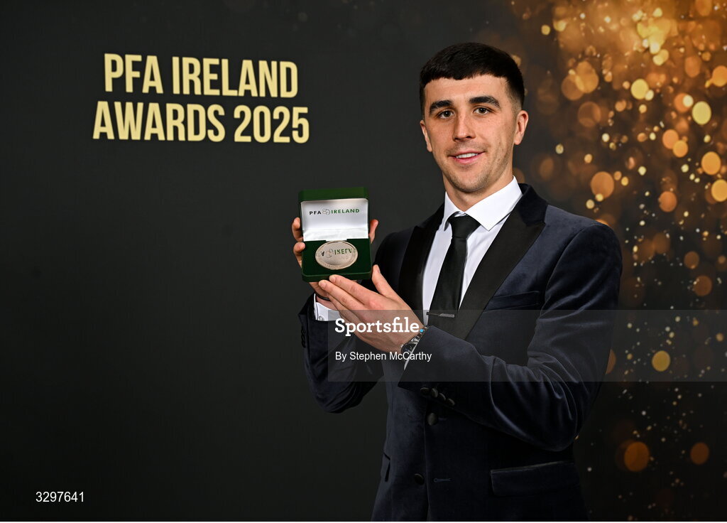 22 November 2025; Barry Coffey of Cobh Ramblers with his PFA Ireland Men's First Division Team of the Year 2025 medal during the PFA Ireland Awards 2025 at The College Green Hotel in Dublin. Photo by Stephen McCarthy/Sportsfile