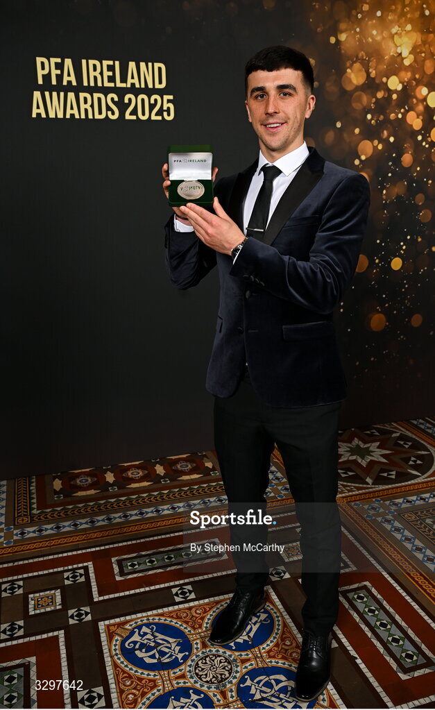 22 November 2025; Barry Coffey of Cobh Ramblers with his PFA Ireland Men's First Division Team of the Year 2025 medal during the PFA Ireland Awards 2025 at The College Green Hotel in Dublin. Photo by Stephen McCarthy/Sportsfile