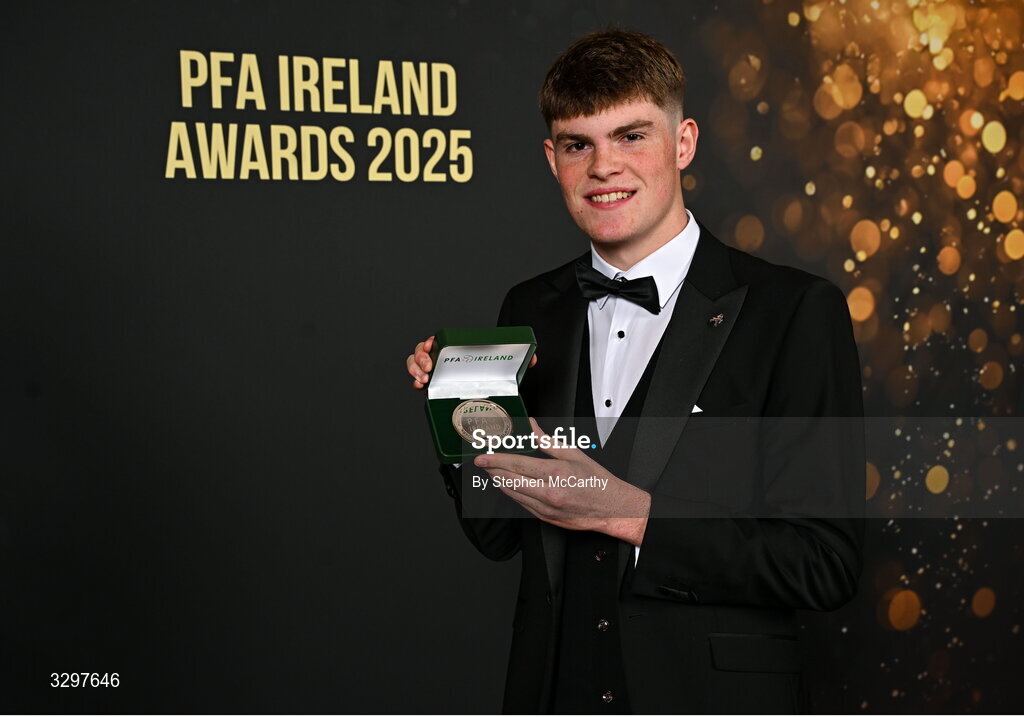 22 November 2025; Vinny Leonard of Dundalk with his PFA Ireland Men's First Division Team of the Year 2025 medal during the PFA Ireland Awards 2025 at The College Green Hotel in Dublin. Photo by Stephen McCarthy/Sportsfile