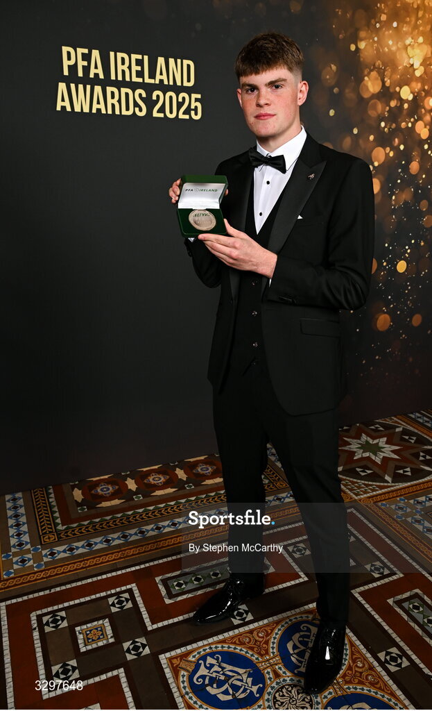 22 November 2025; Vinny Leonard of Dundalk with his PFA Ireland Men's First Division Team of the Year 2025 medal during the PFA Ireland Awards 2025 at The College Green Hotel in Dublin. Photo by Stephen McCarthy/Sportsfile