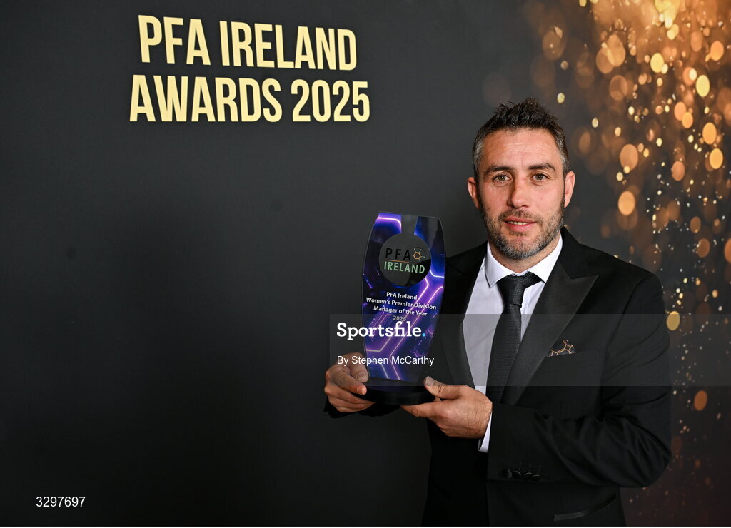 22 November 2025; Bohemians manager Alban Hysa with his PFA Ireland Women's Premier Division Manager of the Year 2025 award during the PFA Ireland Awards 2025 at The College Green Hotel in Dublin. Photo by Stephen McCarthy/Sportsfile