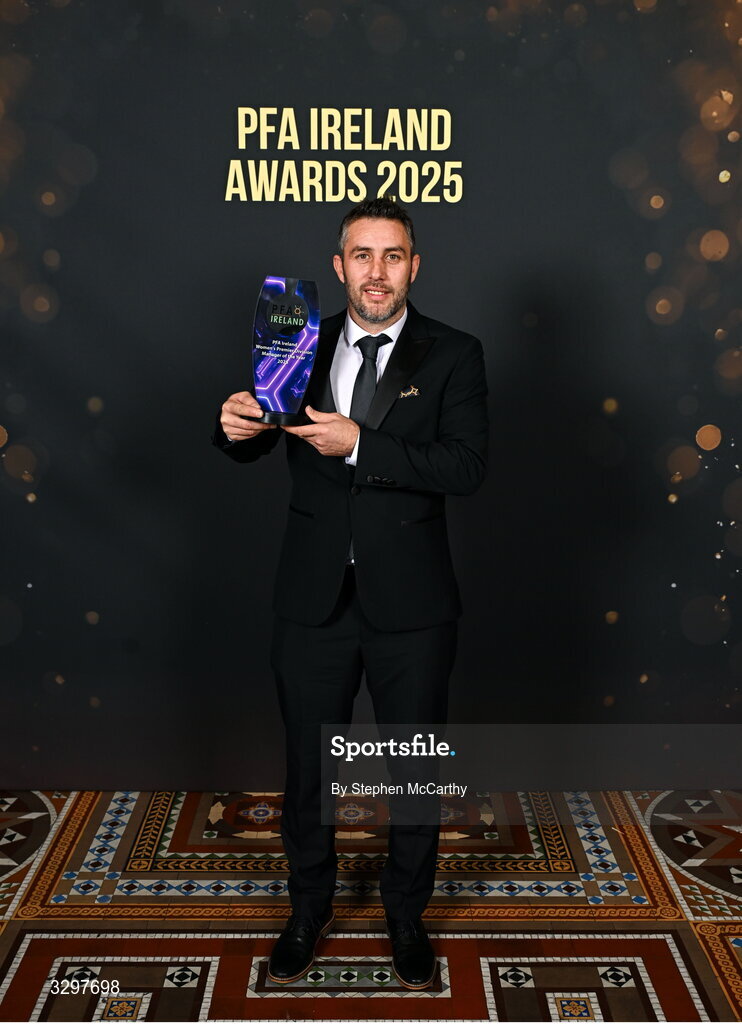 22 November 2025; Bohemians manager Alban Hysa with his PFA Ireland Women's Premier Division Manager of the Year 2025 award during the PFA Ireland Awards 2025 at The College Green Hotel in Dublin. Photo by Stephen McCarthy/Sportsfile