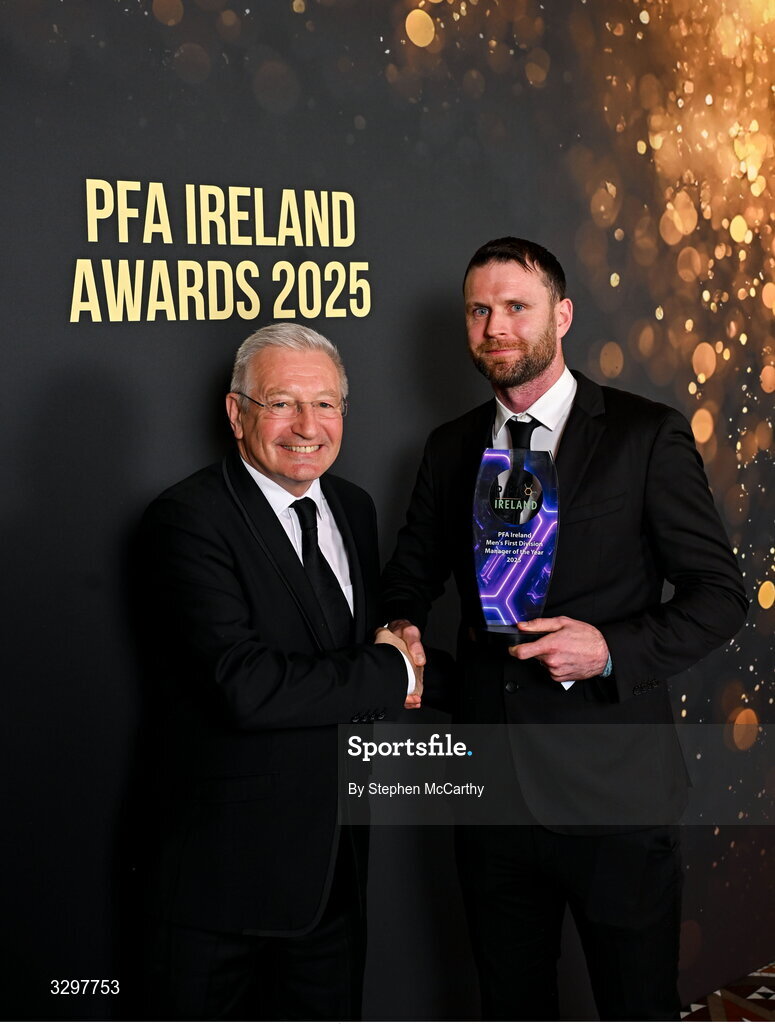 22 November 2025; Dundalk manager Ciaran Kilduff is presented with the PFA Ireland Men's First Division Manager of the Year 2025 award by RTÉ's Tony O'Donoghue during the PFA Ireland Awards 2025 at The College Green Hotel in Dublin. Photo by Stephen McCarthy/Sportsfile