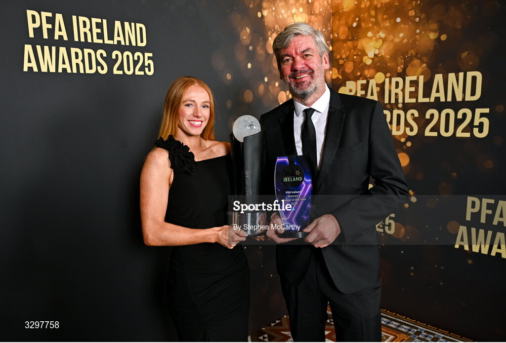 22 November 2025; Kelly Brady of Athlone Town is presented with her PFA Ireland Women’s Player of the Year 2025 award by PFA Ireland solicitor Stuart Gilhooly during the PFA Ireland Awards 2025 at The College Green Hotel in Dublin. Photo by Stephen McCarthy/Sportsfile