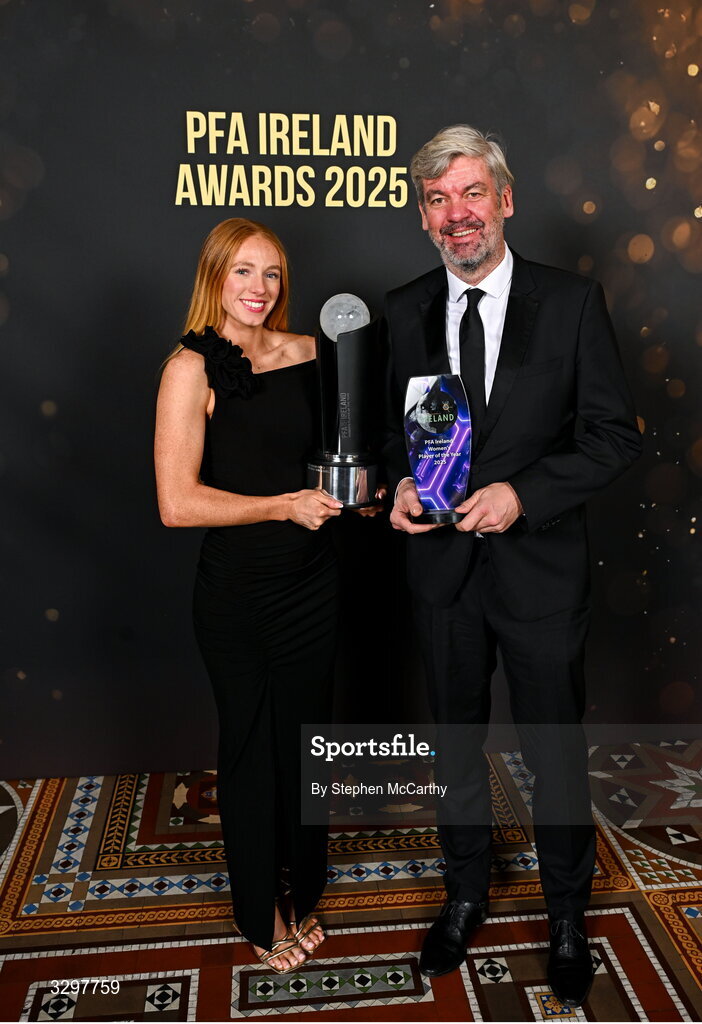 22 November 2025; Kelly Brady of Athlone Town is presented with her PFA Ireland Women’s Player of the Year 2025 award by PFA Ireland solicitor Stuart Gilhooly during the PFA Ireland Awards 2025 at The College Green Hotel in Dublin. Photo by Stephen McCarthy/Sportsfile
