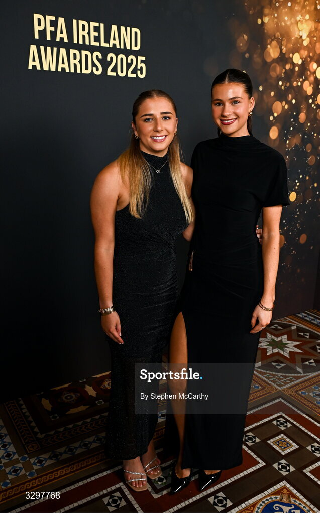 22 November 2025; Ellen Molloy of Wexford, left, and Aoibheann Costello of Galway United during the PFA Ireland Awards 2025 at The College Green Hotel in Dublin. Photo by Stephen McCarthy/Sportsfile