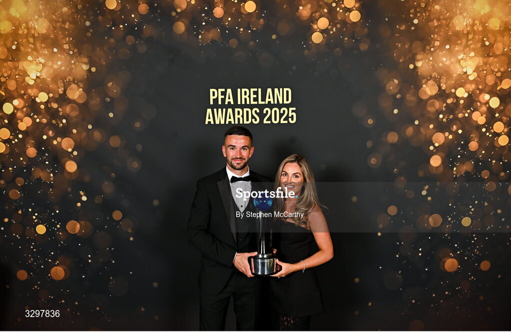 22 November 2025; Michael Duffy of Derry City, and partner Emily McCarron, with his PFA Ireland Men’s Player of the Year 2025 award  during the PFA Ireland Awards 2025 at The College Green Hotel in Dublin. Photo by Stephen McCarthy/Sportsfile
