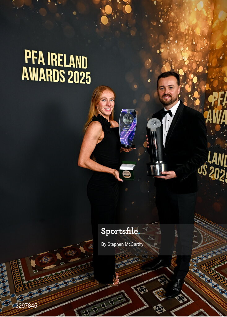 22 November 2025; Kelly Brady of Athlone, and Stephen Bent, with her PFA Ireland Women’s Player of the Year 2025 and PFA Ireland Women’s Premier Division Team of the Year 2025 awards during the PFA Ireland Awards 2025 at The College Green Hotel in Dublin. Photo by Stephen McCarthy/Sportsfile