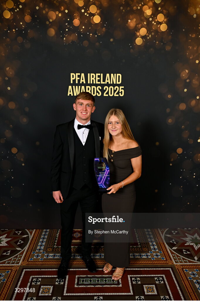22 November 2025; Madison McGuane of Treaty United with her PFA Ireland Women’s Young Player of the Year 2025 award pose for a photograph with Michael Noonan of Shamrock Rovers during the PFA Ireland Awards 2025 at The College Green Hotel in Dublin. Photo by Stephen McCarthy/Sportsfile
