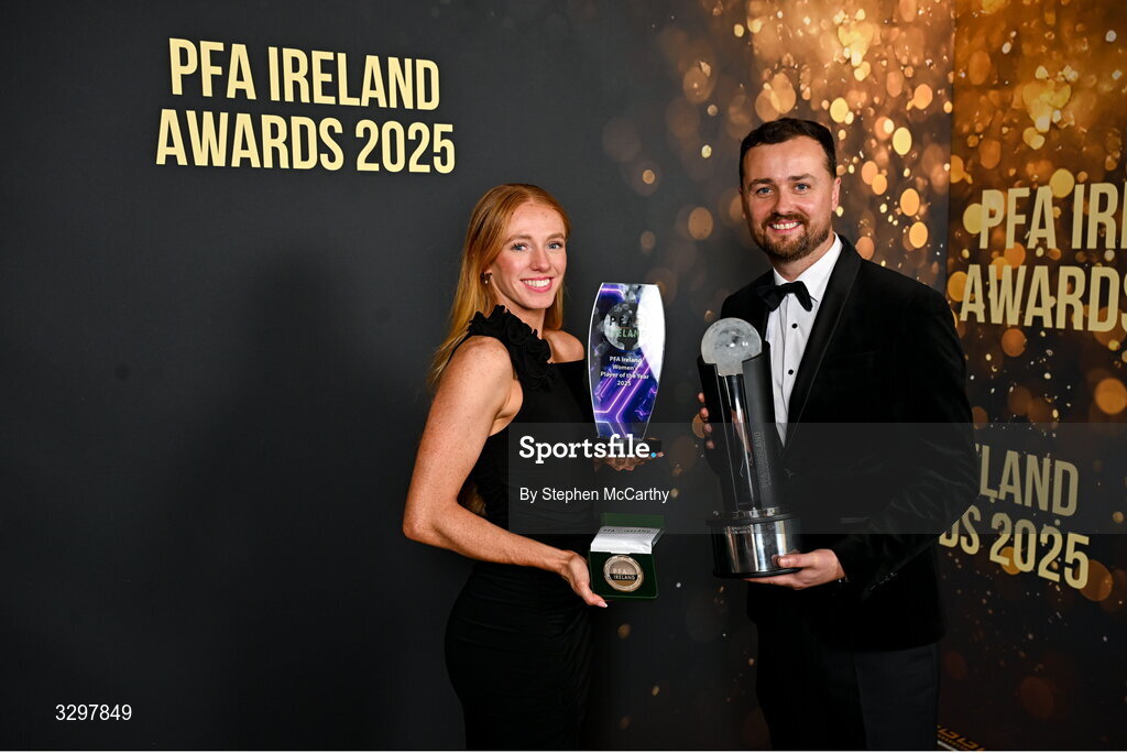 22 November 2025; Kelly Brady of Athlone, and Stephen Bent, with her PFA Ireland Women’s Player of the Year 2025 and PFA Ireland Women’s Premier Division Team of the Year 2025 awards during the PFA Ireland Awards 2025 at The College Green Hotel in Dublin. Photo by Stephen McCarthy/Sportsfile