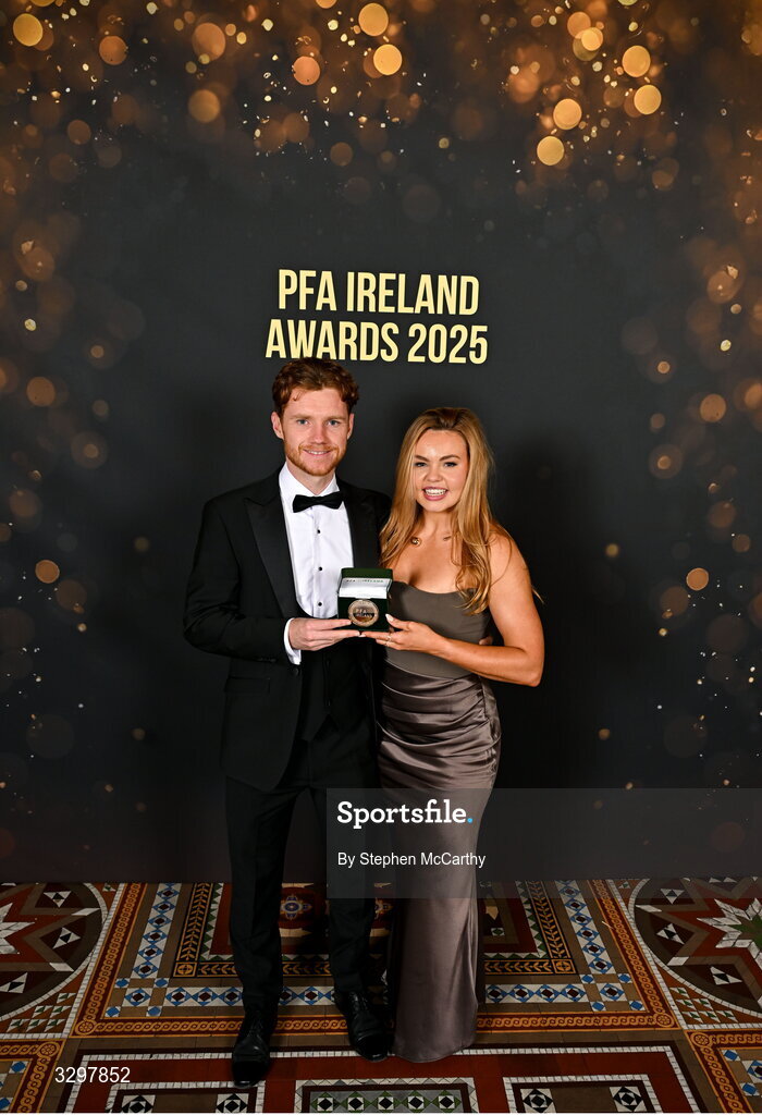 22 November 2025; Mikie Rowe of Wexford and partner Rose Lynch with his PFA Ireland Men's First Division Team of the Year 2025 medal during the PFA Ireland Awards 2025 at The College Green Hotel in Dublin. Photo by Stephen McCarthy/Sportsfile