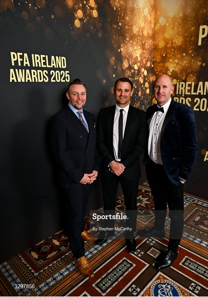 22 November 2025; Guests, from left, Gary McPhee, Daire Doyle and Gary Rogers during the PFA Ireland Awards 2025 at The College Green Hotel in Dublin. Photo by Stephen McCarthy/Sportsfile