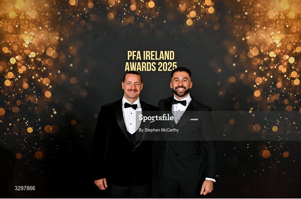 22 November 2025; Shamrock Rovers players Lee Stacey and Roberto Lopes during the PFA Ireland Awards 2025 at The College Green Hotel in Dublin. Photo by Stephen McCarthy/Sportsfile