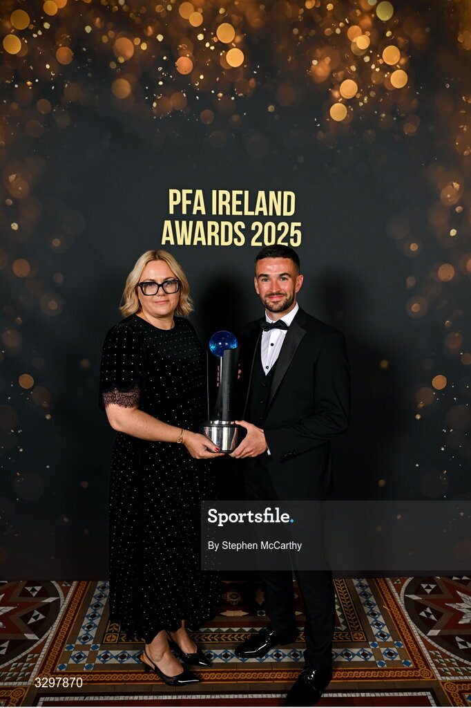 22 November 2025; Michael Duffy of Derry City is presented with his PFA Ireland Men’s Player of the Year 2025 award by Ciara Murray, Sports Direct, during the PFA Ireland Awards 2025 at The College Green Hotel in Dublin. Photo by Stephen McCarthy/Sportsfile