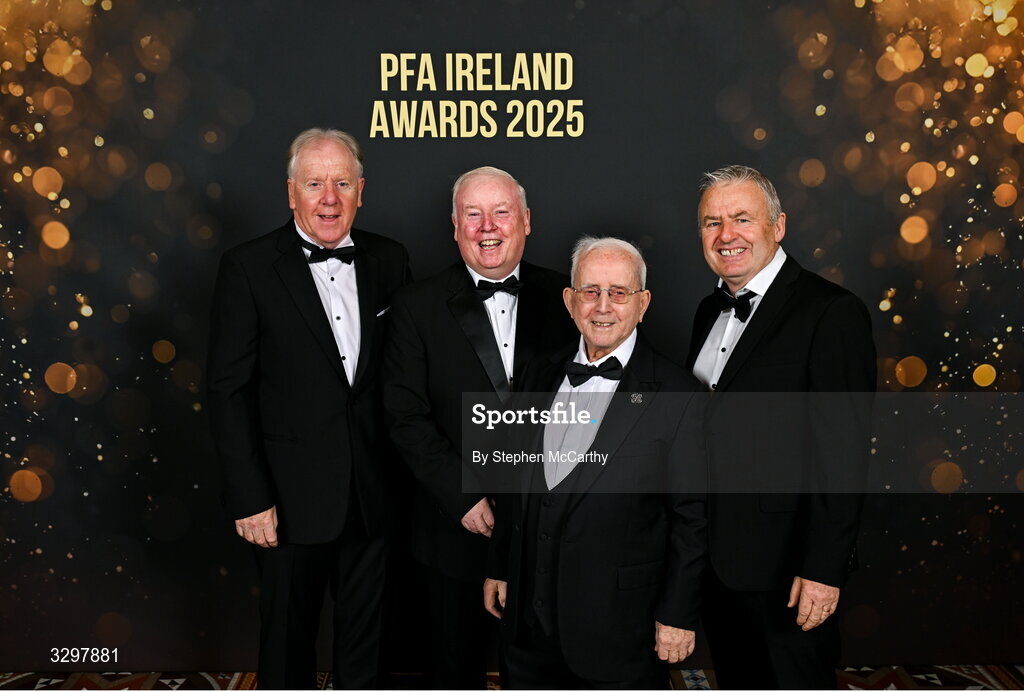 22 November 2025; Guests, from left, Gino Lawless, John and Charlie O'Leary, and Harry Kenny during the PFA Ireland Awards 2025 at The College Green Hotel in Dublin. Photo by Stephen McCarthy/Sportsfile