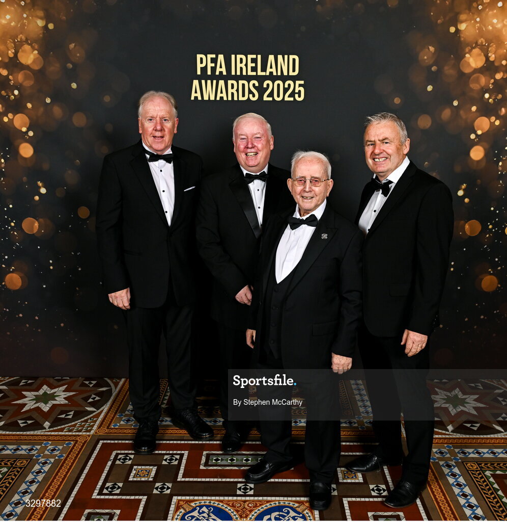 22 November 2025; Guests, from left, Gino Lawless, John and Charlie O'Leary, and Harry Kenny during the PFA Ireland Awards 2025 at The College Green Hotel in Dublin. Photo by Stephen McCarthy/Sportsfile