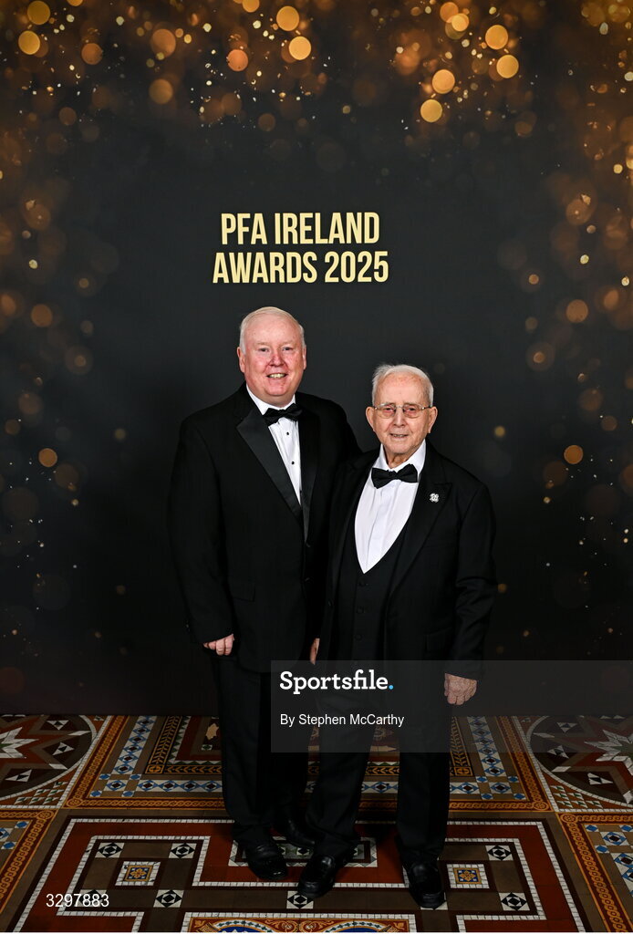 22 November 2025; John, left, and Charlie O'Leary during the PFA Ireland Awards 2025 at The College Green Hotel in Dublin. Photo by Stephen McCarthy/Sportsfile