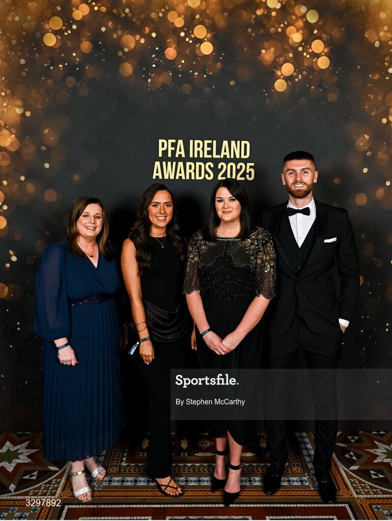 22 November 2025; Drogheda United guests, from left, Niamh Leonard, Robyn Harrison, Joanna Byrne and Conor Keeley during the PFA Ireland Awards 2025 at The College Green Hotel in Dublin. Photo by Stephen McCarthy/Sportsfile