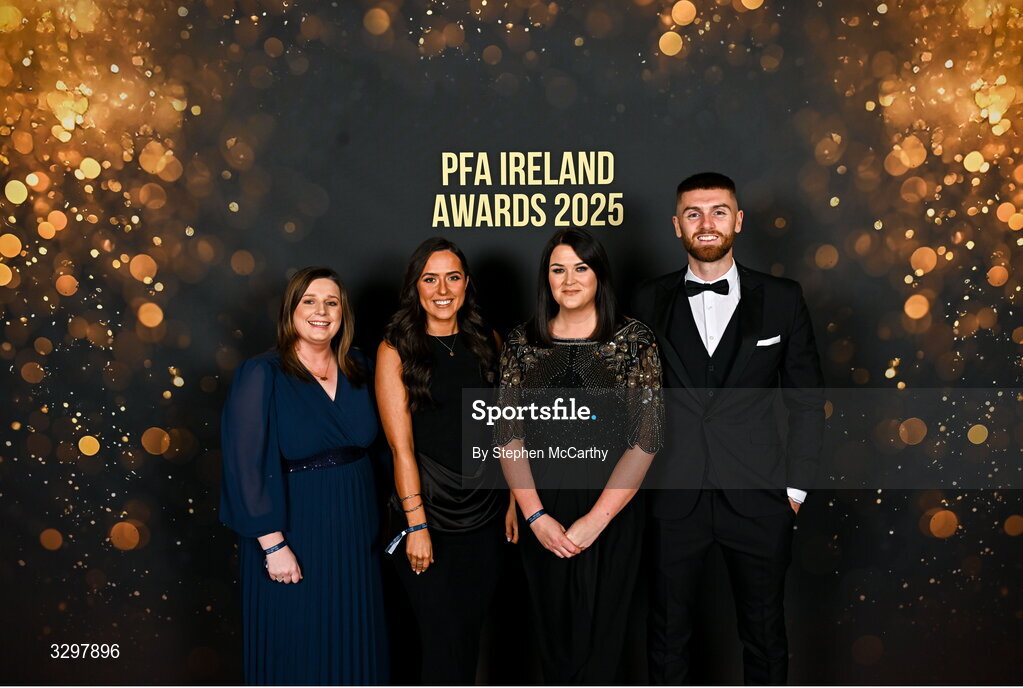22 November 2025; Drogheda United guests, from left, Niamh Leonard, Robyn Harrison, Joanna Byrne and Conor Keeley during the PFA Ireland Awards 2025 at The College Green Hotel in Dublin. Photo by Stephen McCarthy/Sportsfile